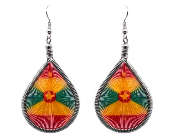 Teardrop-shaped thread dangle earrings with alpaca silver wire and Grenada flag graphic image.