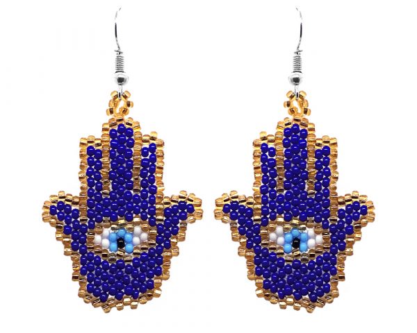 Czech glass seed bead hamsa hand dangle earrings in royal blue, gold, light blue, white, and black color combination.