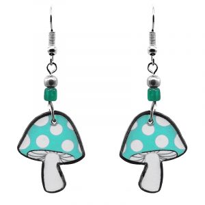 Amanita magic mushroom acrylic dangle earrings with beaded metal hooks in aqua mint and white color combination.
