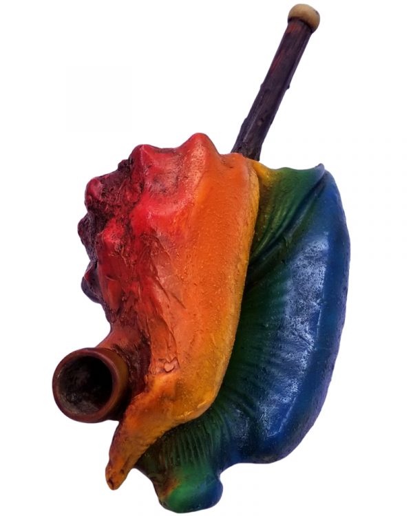 Handcrafted medium-sized tobacco smoking hand pipe of a conch seashell in rainbow colors.