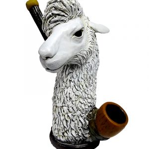 Handcrafted medium-sized tobacco smoking hand pipe of a white llama head.