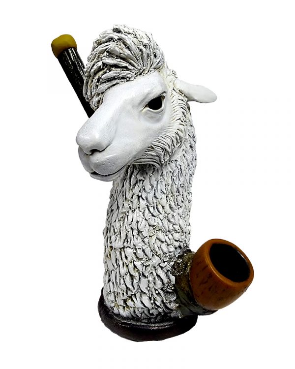 Handcrafted medium-sized tobacco smoking hand pipe of a white llama head.