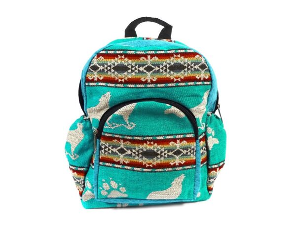Handmade small cushioned backpack bag with multicolored Aztec inspired tribal print striped pattern and southwest animal design material and vegan suede in turquoise, mint teal, dark orange, dark red, gray, and beige color combination.