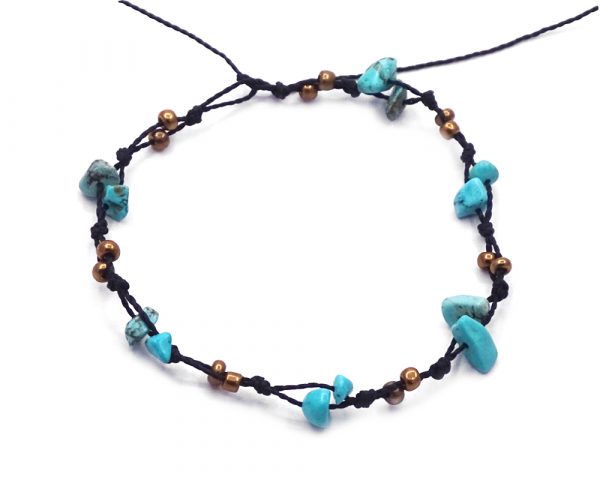 Handmade macramé string anklet with howlite chip stones and seed beads in turquoise, gold, and black color combination.