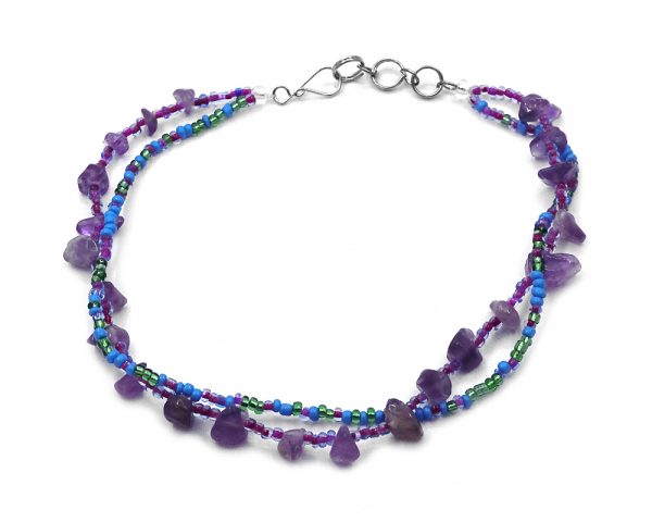 Handmade seed bead multi strand anklet with chip stones in purple amethyst, turquoise, and green color combination.