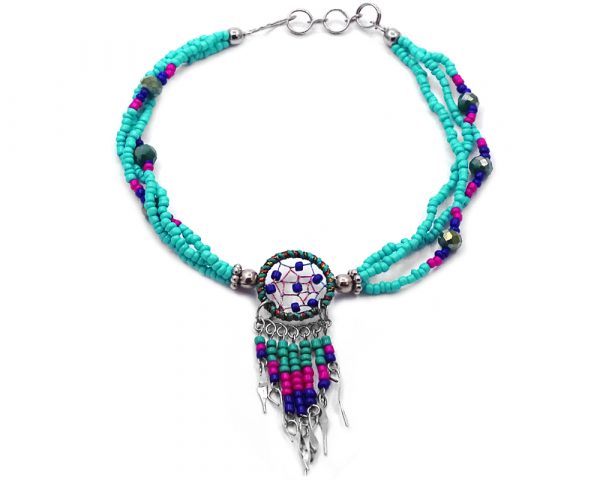 Handmade seed bead and crystal bead multi strand anklet with round beaded sparkle thread dream catcher and long beaded metal dangles in mint green, hot pink, and blue color combination.