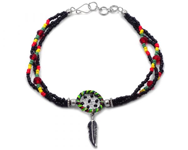 Handmade Rasta seed bead and crystal bead multi strand anklet with round beaded sparkle thread dream catcher and colored metal feather charm dangle in black.