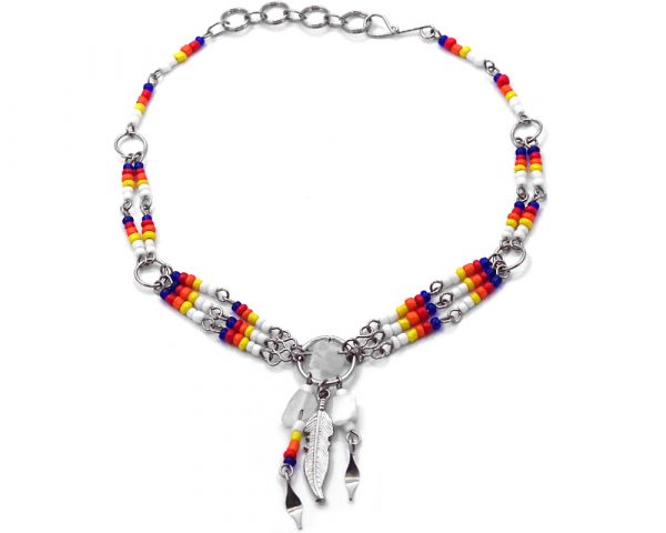 Handmade Native American inspired seed bead silver metal chain anklet with round metal hoop, chip stone, metal feather charm, and beaded dangles in white, yellow, orange, red, and blue color combination.