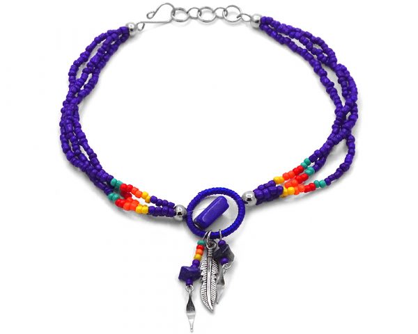 Handmade Native American inspired seed bead multi strand anklet with round thread hoop, chip stone, metal feather charm, and beaded dangles in blue, yellow, orange, red, and mint green color combination.