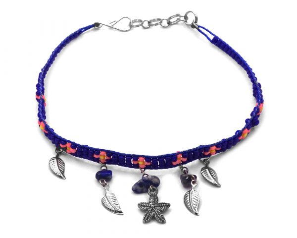 Handmade floral seed bead strap anklet with chip stones, silver metal starfish charm, and leaf charm dangles in blue, salmon pink, and yellow color combination.