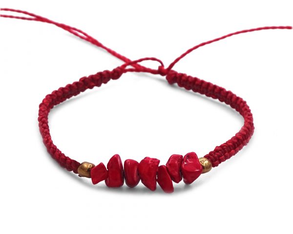Handmade macramé bracelet with chip stone centerpiece in red color.