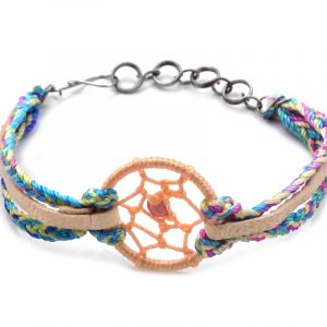 Handmade vegan suede leather and multicolored braided macramé thread multi strand bracelet with round thread dream catcher centerpiece in peach, beige, turquoise, lavender, and pastel multicolored color combination.