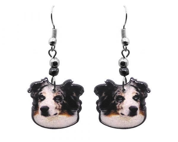 Australian Shepherd dog face acrylic dangle earrings with beaded metal hooks in white, brown, gray, and black color combination.