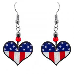 Heart-shaped American flag acrylic dangle earrings with beaded metal hooks in red, white, and blue color combination.