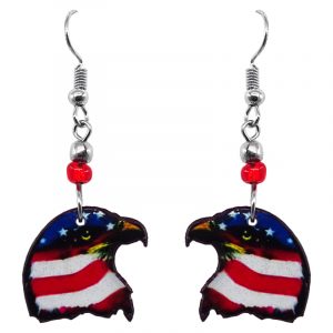 USA flag pattern American bald eagle face acrylic dangle earrings with beaded metal hooks in red, white, and blue color combination.