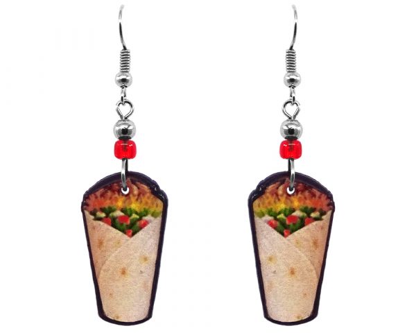 Burrito taco Mexican food acrylic dangle earrings with beaded metal hooks in golden yellow, red, and brown color combination.