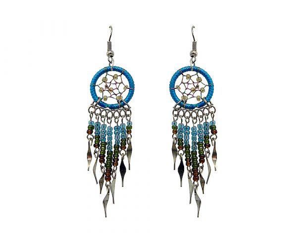 Handmade dream catcher earrings with thread, seed bead dangles, and metal hooks in turquoise, green, and brown color combination.