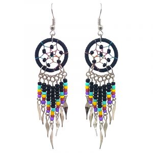 Handmade Native American inspired round beaded thread dream catcher earrings with long seed bead and alpaca silver dangles in black, mint green, yellow, red, and purple color combination.