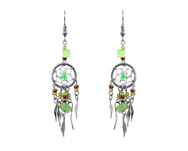 Handmade round beaded silver metal dream catcher earrings with chip stone, seed bead, and alpaca silver metal dangles in lime green and brown color combination.