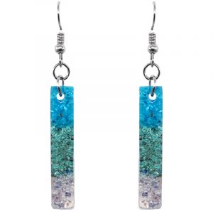 Handmade long rectangle-shaped acrylic resin and crushed chip stone inlay dangle earrings with striped multicolored pattern in turquoise blue, mint, and white color combination.