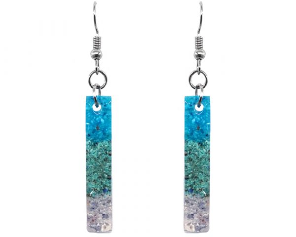 Handmade long rectangle-shaped acrylic resin and crushed chip stone inlay dangle earrings with striped multicolored pattern in turquoise blue, mint, and white color combination.