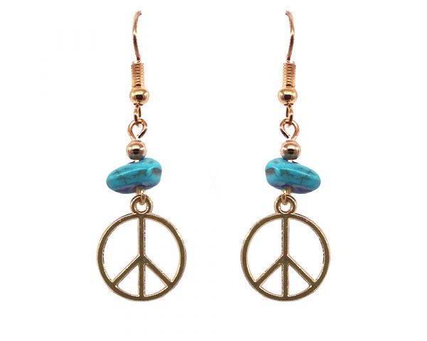 Handmade gold-colored peace sign charm dangle earrings with turquoise howlite chip stone.