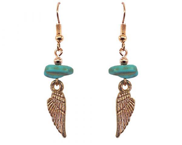 Handmade gold-colored angel wing charm dangle earrings with turquoise howlite chip stone.