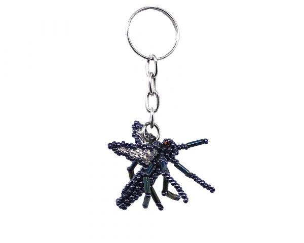 Handmade Czech glass seed bead figurine keychain of a mosquito fly in dark gray charcoal, silver, and iridescent green color combination.