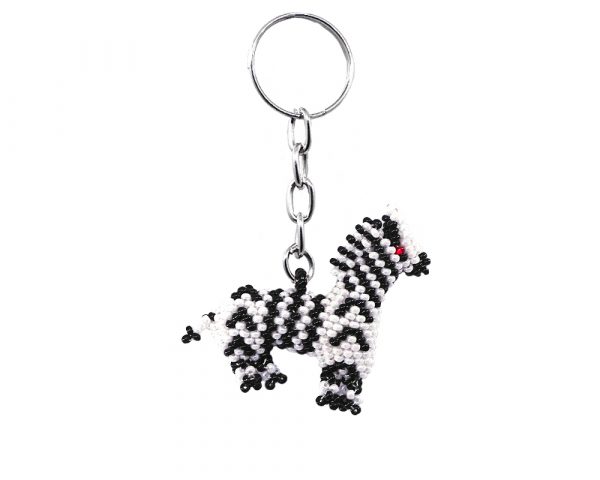Handmade Czech glass seed bead figurine keychain of a zebra in black and white color combination.