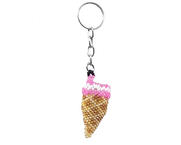 Handmade Czech glass seed bead figurine keychain of an ice cream cone in pink, white, and gold color combination.