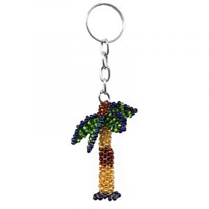 Handmade Czech glass seed bead figurine keychain of a palm tree plant in green, lime green, gold, and brown color combination.