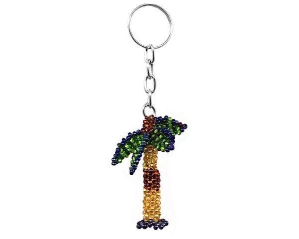 Handmade Czech glass seed bead figurine keychain of a palm tree plant in green, lime green, gold, and brown color combination.