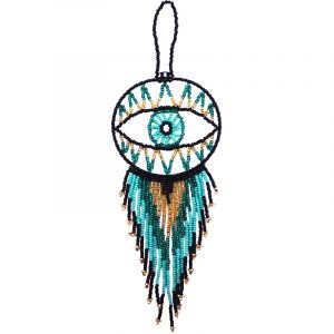 Handmade Czech glass seed bead evil eye hanging ornament with beaded dangles in black, teal green, turquoise mint, and gold color combination.
