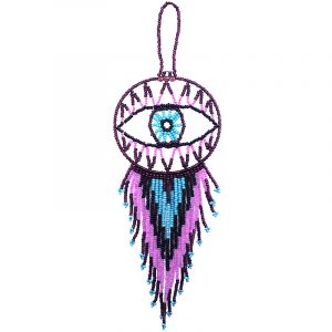 Handmade Czech glass seed bead evil eye hanging ornament with beaded dangles in burgundy, magenta pink, light blue, and black color combination.