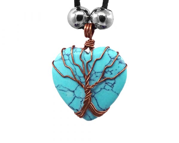 Handmade copper metal wire wrapped Tree of Life heart-shaped stone cabochon pendant on adjustable necklace in turquoise howlite.