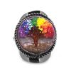 Round-shaped clear acrylic resin, copper wire, and crushed chip stone inlay tree of life on alpaca silver metal ring with rope edge border in rainbow colors.