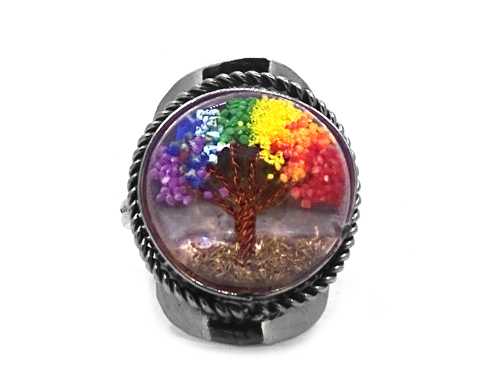Round-shaped clear acrylic resin, copper wire, and crushed chip stone inlay tree of life on alpaca silver metal ring with rope edge border in rainbow colors.