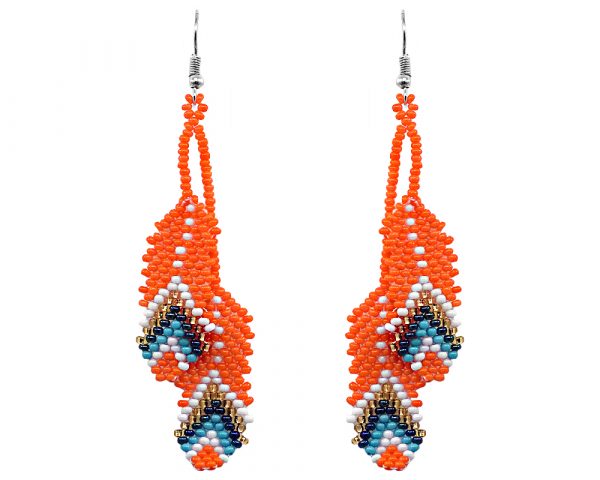 Handmade Native American inspired Czech glass seed bead earrings with two long beaded feather dangles in orange, white, gold, iridescent dark blue, and turquoise color combination.