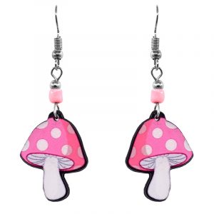 Amanita magic mushroom acrylic dangle earrings with beaded metal hooks in pink and white color combination.