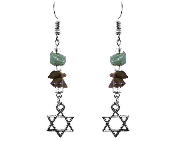 Handmade silver metal Star of David charm dangle earrings with chip stones in green aventurine, clear, and brown tiger's eye color combination.