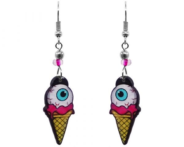 Eyeball on ice cream cone acrylic dangle earrings with beaded metal hooks in white, hot pink, yellow, turquoise blue, and black color combination.
