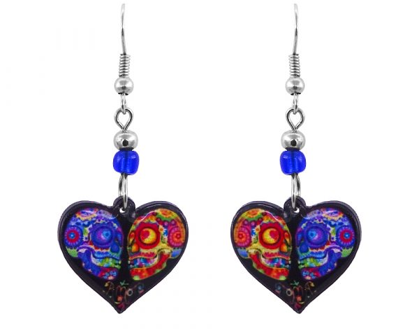 Handmade heart-shaped Day of the Dead sugar skull couple acrylic dangle earrings with beaded metal hooks in black and multicolored color combination.