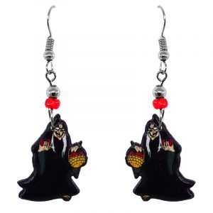 Handmade Halloween themed witch acrylic dangle earrings with beaded metal hooks in black, red, golden yellow, beige, and white color combination.