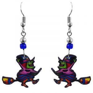Handmade Halloween themed flying witch acrylic dangle earrings with beaded metal hooks in lime green, magenta pink, blue, red, golden, and black color combination.