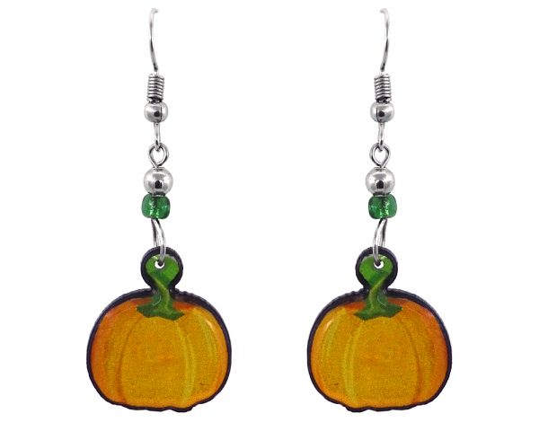 Handmade pumpkin fruit acrylic dangle earrings with beaded metal hooks in orange, yellow, and green color combination.