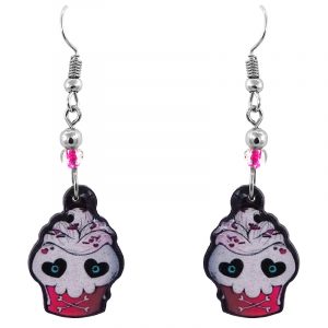 Handmade Halloween themed skull cupcake acrylic dangle earrings with beaded metal hooks in white, hot pink, black, and turquoise color combination.