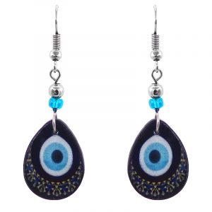 Handmade teardrop-shaped mandala evil eye acrylic dangle earrings with beaded metal hooks in black, dark navy blue, light blue, light yellow, black, and white color combination.