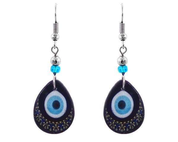 Handmade teardrop-shaped mandala evil eye acrylic dangle earrings with beaded metal hooks in black, dark navy blue, light blue, light yellow, black, and white color combination.