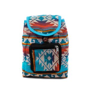 Handmade mini cushioned flap backpack bag with multicolored Aztec inspired tribal print pattern material in turquoise blue, neon orange, beige, teal, and golden yellow color combination.