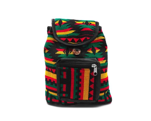 Handmade mini cushioned flap backpack bag with multicolored Aztec inspired tribal print pattern material in Rasta color combination.
